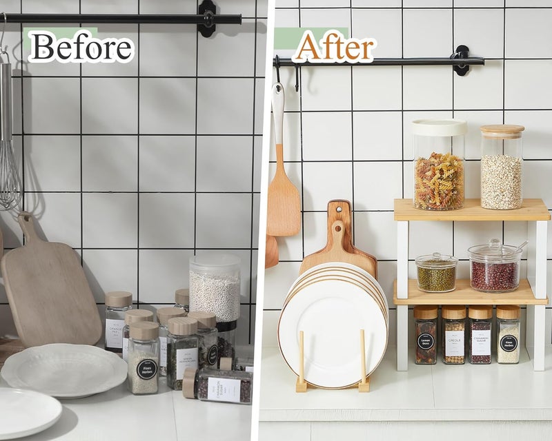 Marsui 4 Pcs Kitchen Organizer Accessories Set Cabinet Organizer Shelf and Bamboo Dish Drying Plate Rack Counter Shelves Storage Holder for Spice Rack, Dish, Pot Lid, Bowl, Cup(Wooden Color) - Image 3